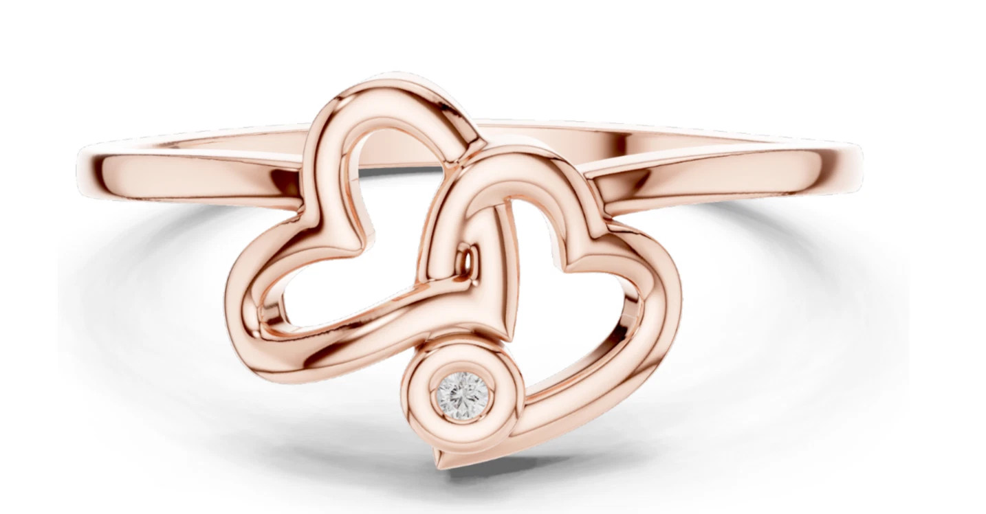 Round Cut 0.03CT White Moissanite Double Heart Shaped Ring Pure 10K Rose Gold FN