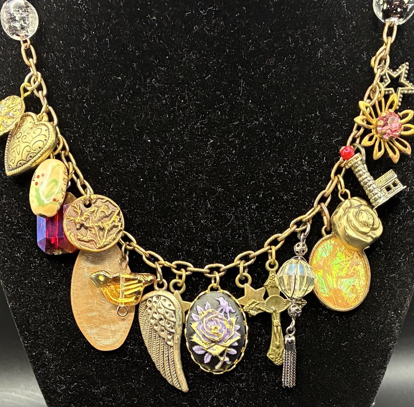 Vintage Brassy-Bronzy Chain Necklace of Mixed Metals: Heart, Bird, Deer, Angel +