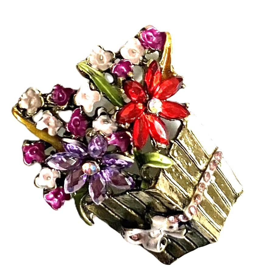 FLOWER BASKET BROOCH! Enameled & Sparkling Multicolor Crystals. Ribbon & Bow!