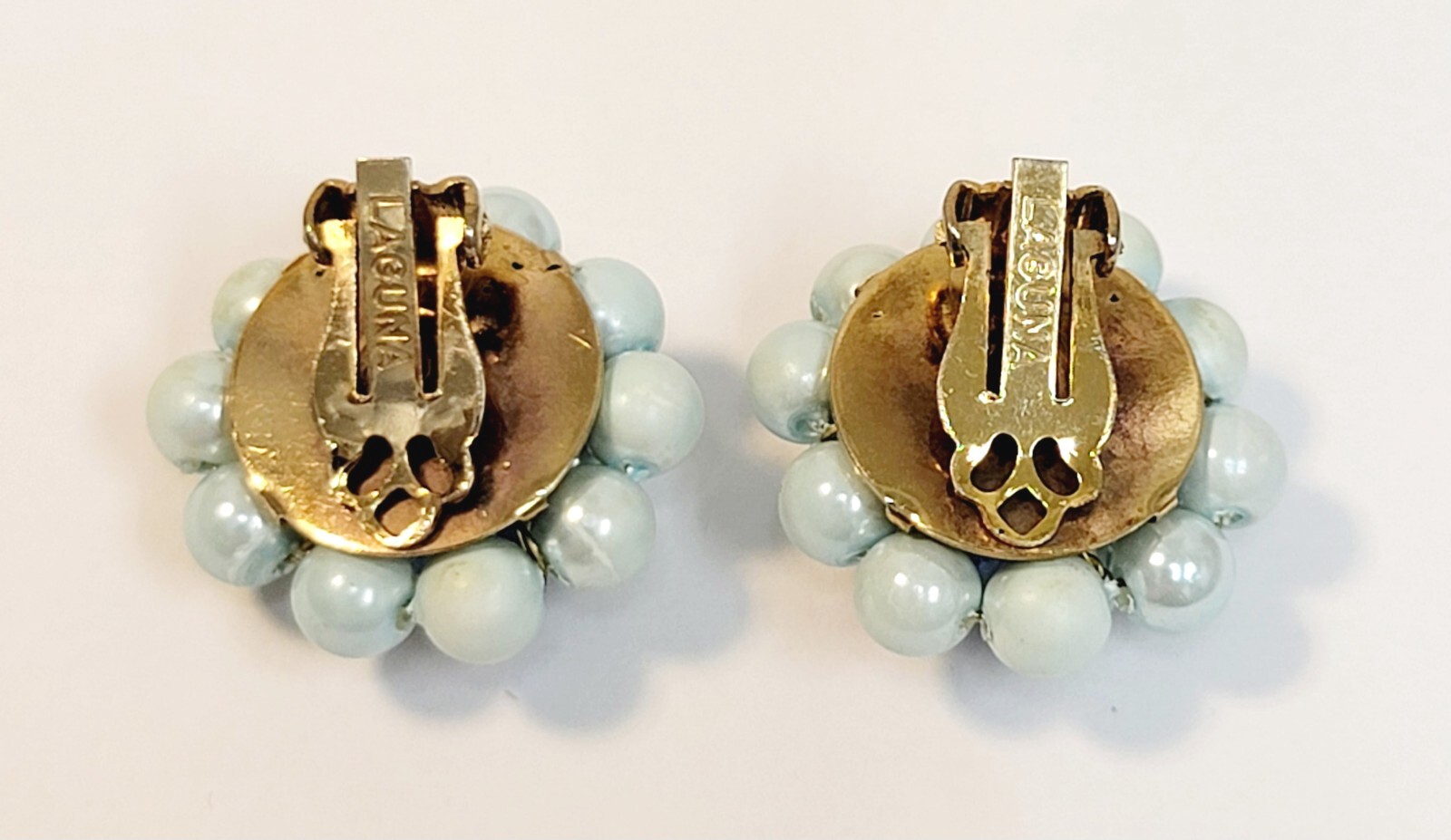 Vintage Signed Laguna Blue Faux Pearl AB Crystal Beads Cluster Earrings