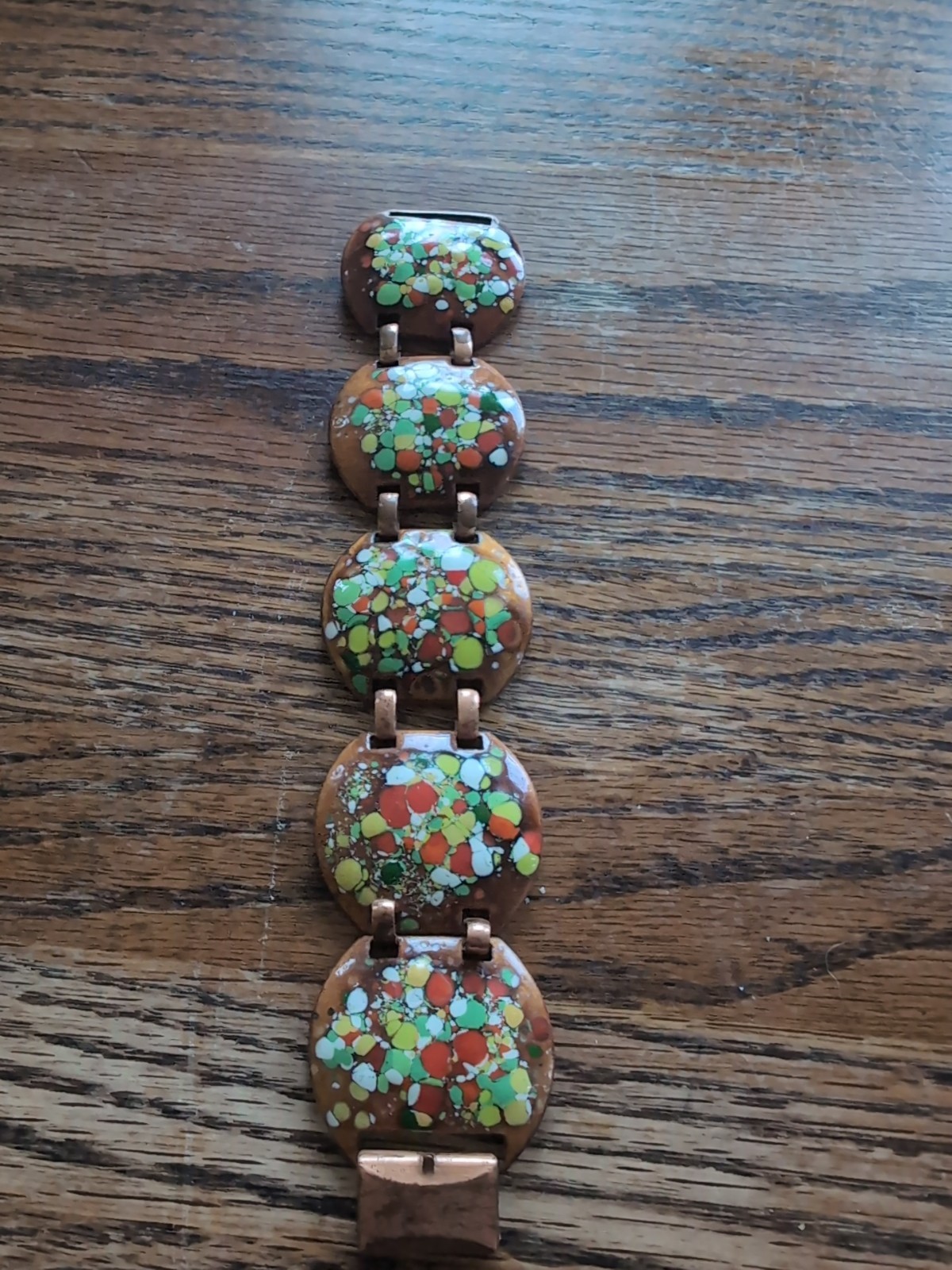 Vtg Unbranded Very Unique Copper & Enamel Link Bracelet~1.5″ Wide~7.5″ Long@~