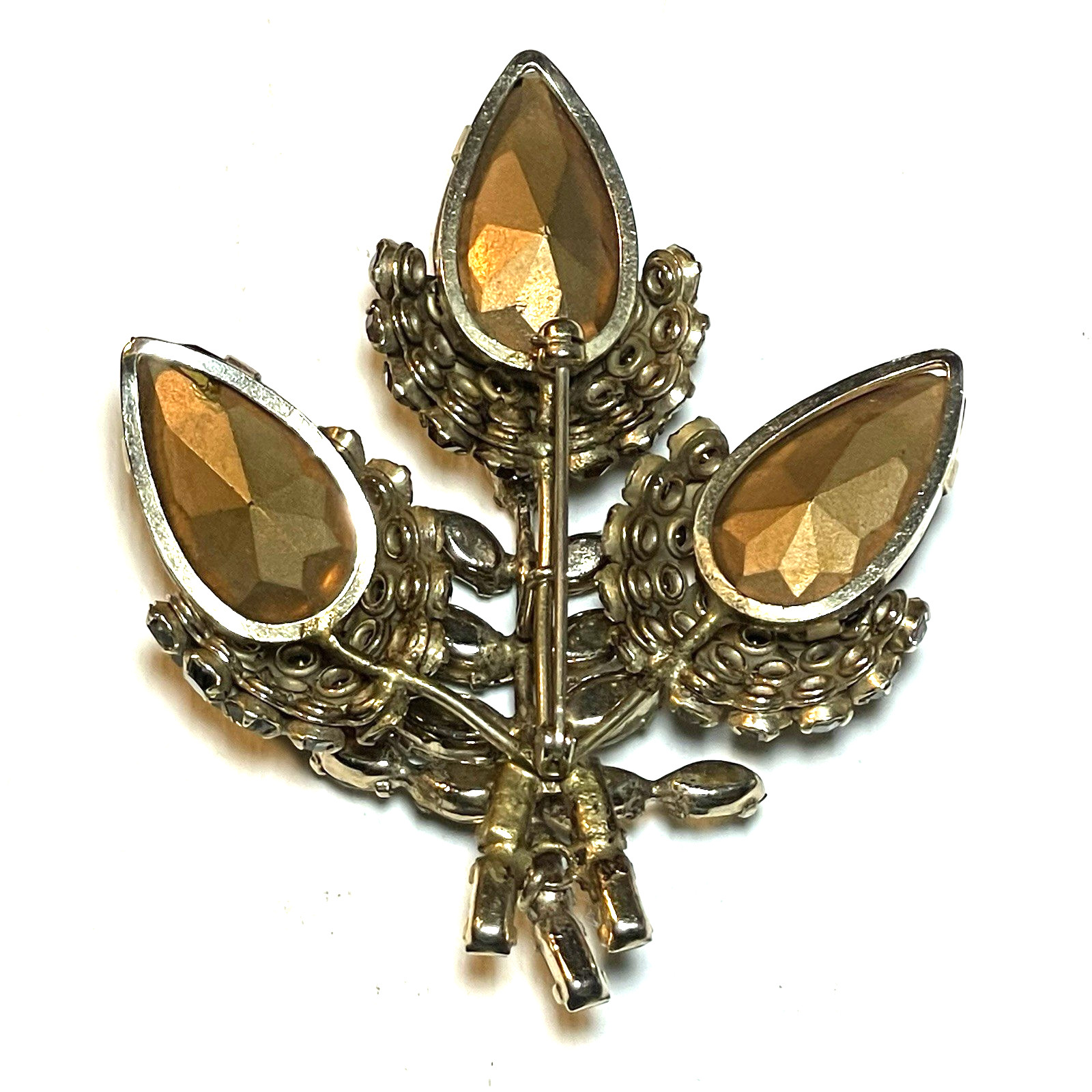 VTG UNSIGNED SCHREINER 3 ACORN STATEMENT BROOCH DARK TOPAZ & SMOKY GREY CRYSTALS