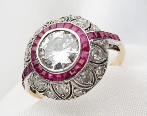 Art Deco Round Lab Created Diamond & Ruby Engagement 14K Yellow Gold Finish Ring