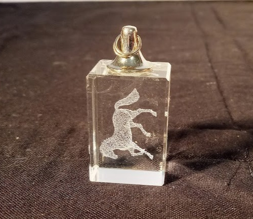 Vintage Cut Crystal Pendant Etched Horse Inside Silver Tone 1-in