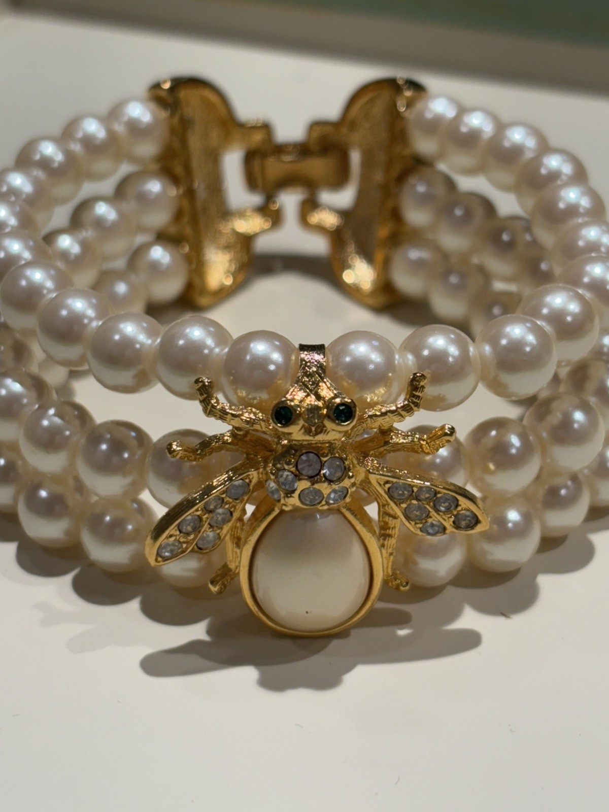 Vintage Joan Rivers Signed Faux Pearl Triple Strand Rhinestone Bee Bracelet #8
