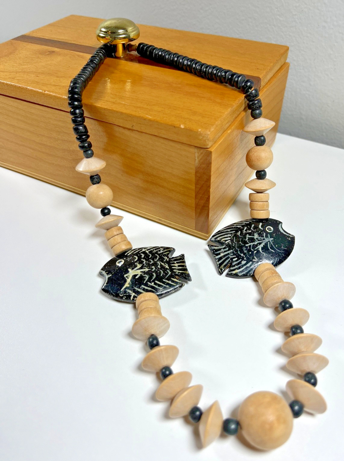 Vintage Hand Painted Fish Wood Bead Necklace Coastal Folk Art Statement 80s