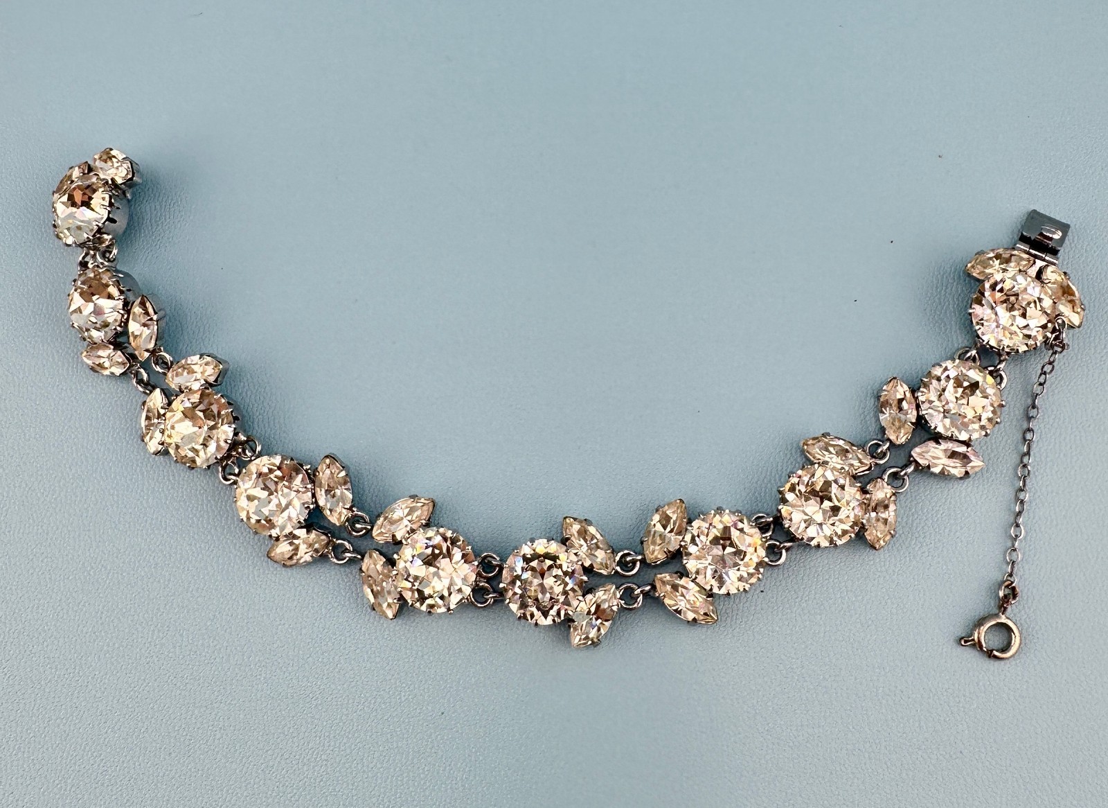 Vintage Austria Crystal Bracelet LG Dentelle Prong Set Silver Tone Safety Chain