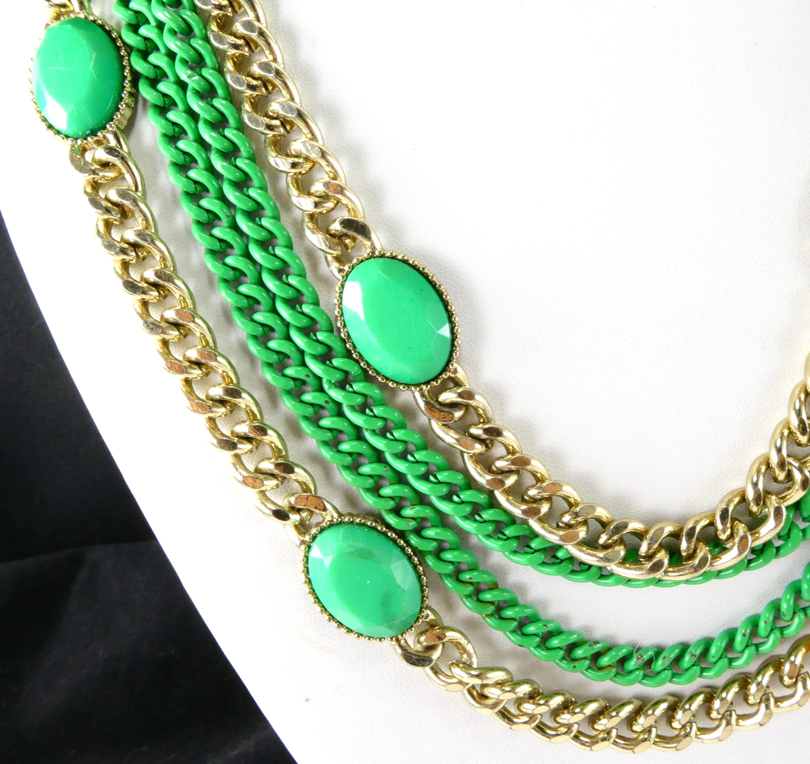 Multi Chain Necklace Gold & Green Enamel Oval Accents Designer Quality
