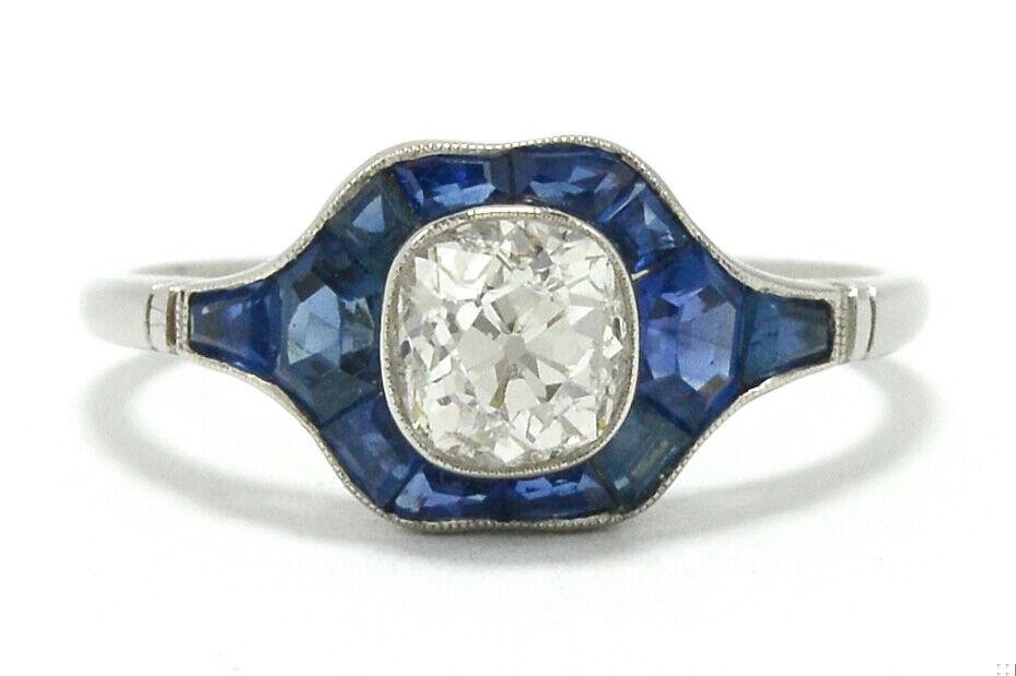 Antique Old Mine Cut Diamond & Sapphire Art Deco Style Engagement Ring
