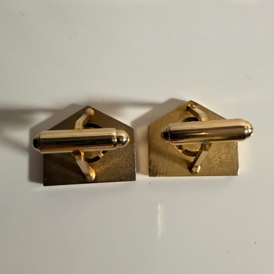 Vintage Green Jade Stone Cabachon & Gold Tone Cuff Links House or Church Shaped