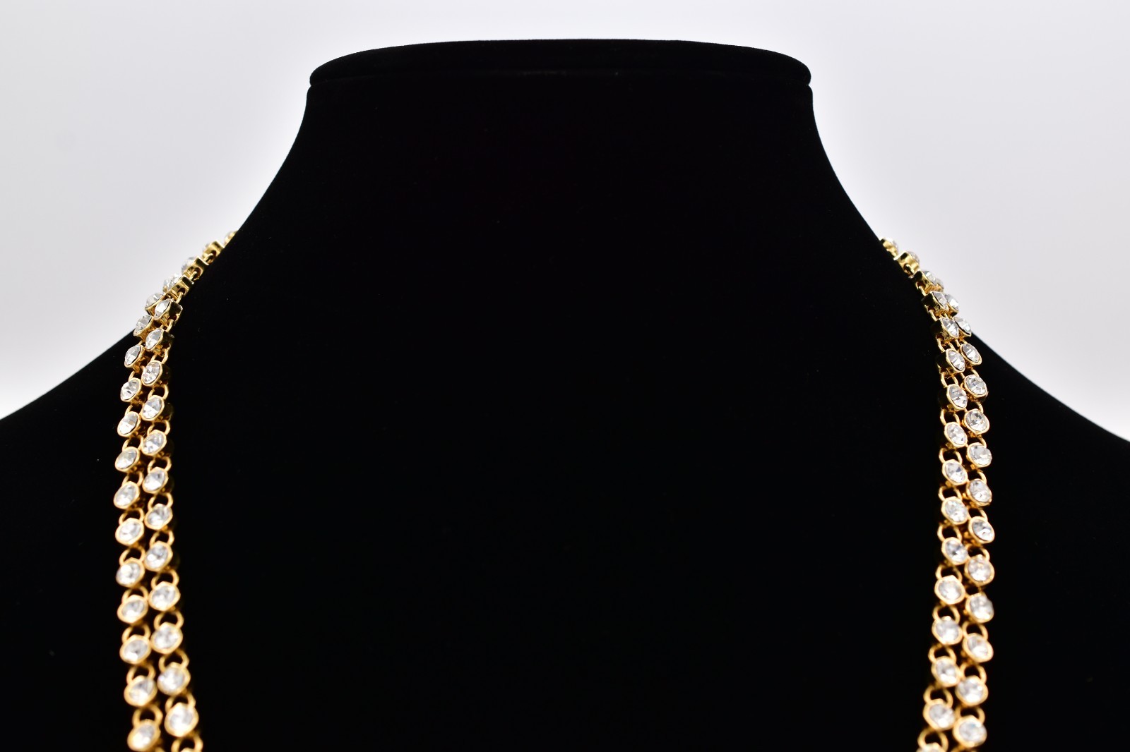 Vintage 50″ Gold Tone Clear Rhinestone Long Necklace Sparkle Crystal 1990s Bin3D