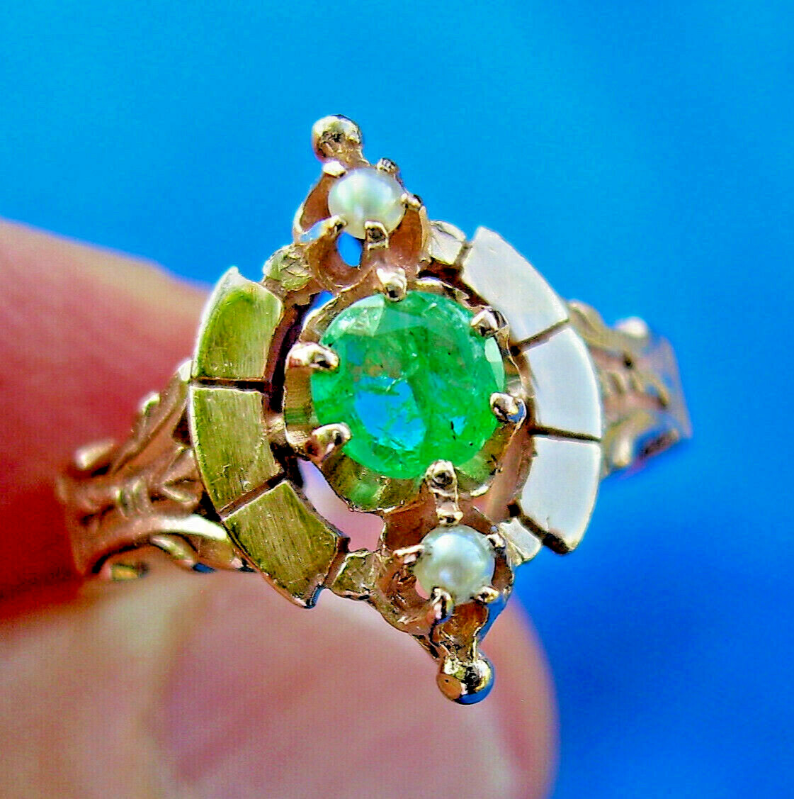 Original EARTH MINED EMERALD Pearl Antique Ring Victorian 14K ROSE GOLD Size 6