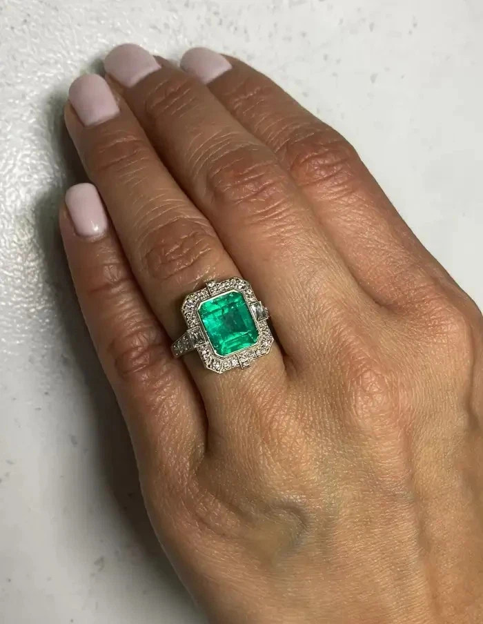 Vintage Art Deco Colombian Emerald Lab Diamond Engagement 14K White Gold FN Ring