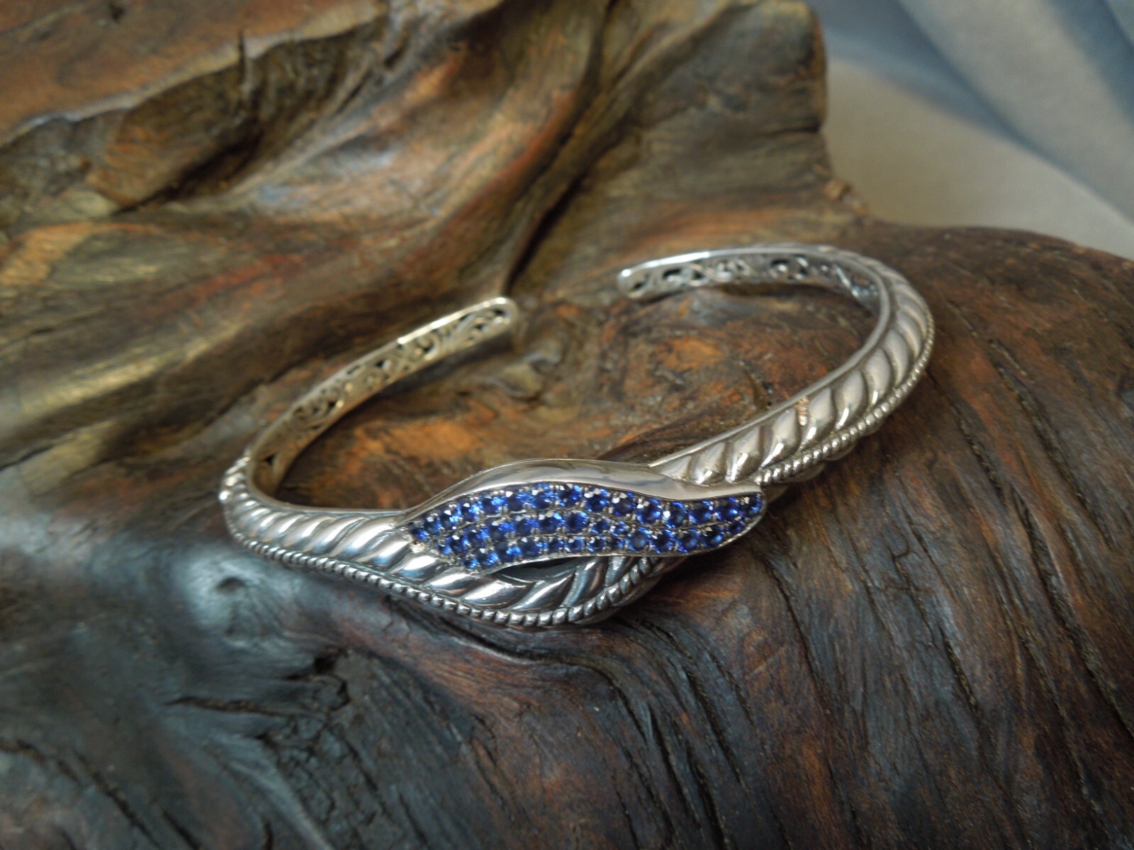 Vintage Robert Manse M ID 925 Sterling Silver Sapphire Hinged Cuff Bracelet