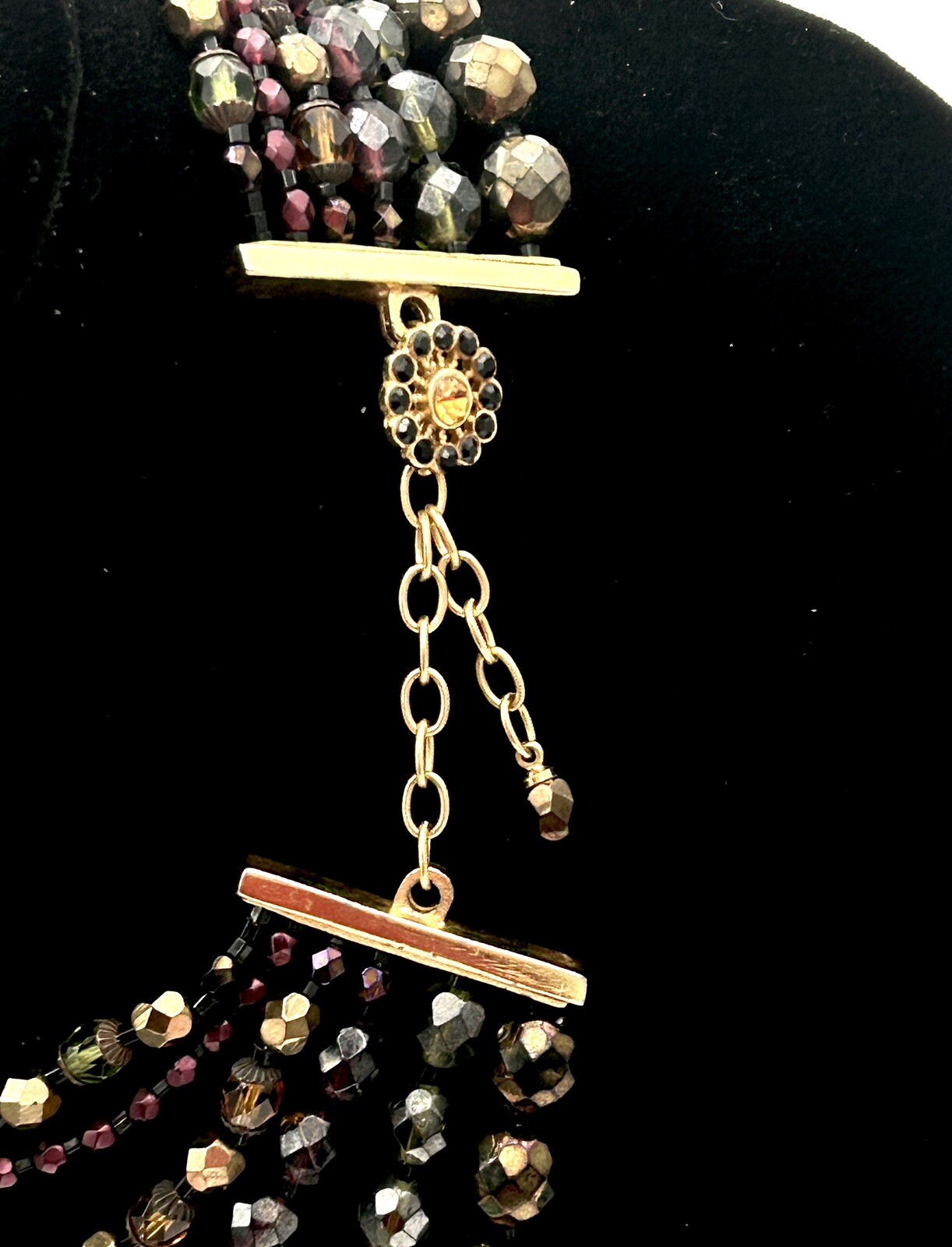 VTG Multi Strand GOLD FUMED Brown CRYSTAL NECKLACE Rhinestone Hook Clasp 1969