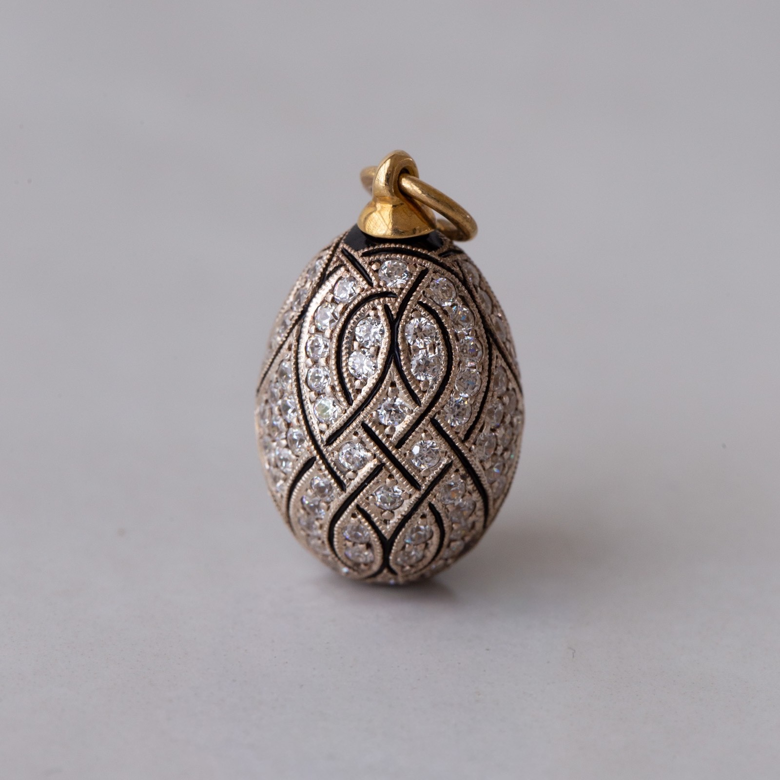 Vintage Soviet Era c.1990 Fully Pavé Enamel Egg Pendant 18k 750 Gold 960 Silver