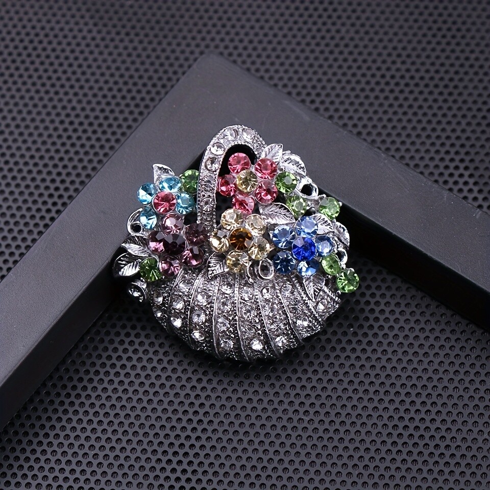 Vintage Gold and Silver Flower Basket Bouquet Rhinestone Crystal Brooches Pins