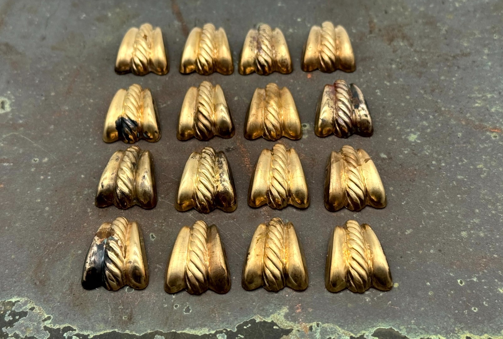 Lot of 16 Vintage Brass Shield Stampings – 24mm Textured Gold Findings
