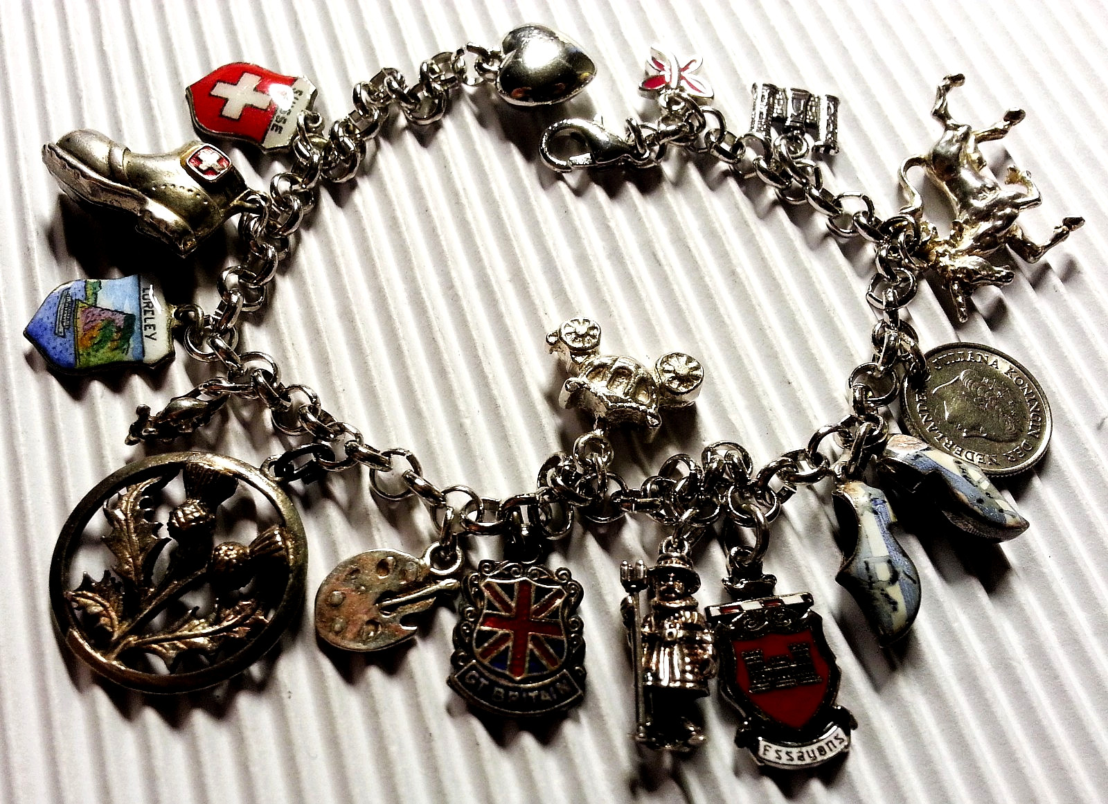 International Travel Sterling Silver Charm Bracelet & 16 Charms, 925-800 Silver