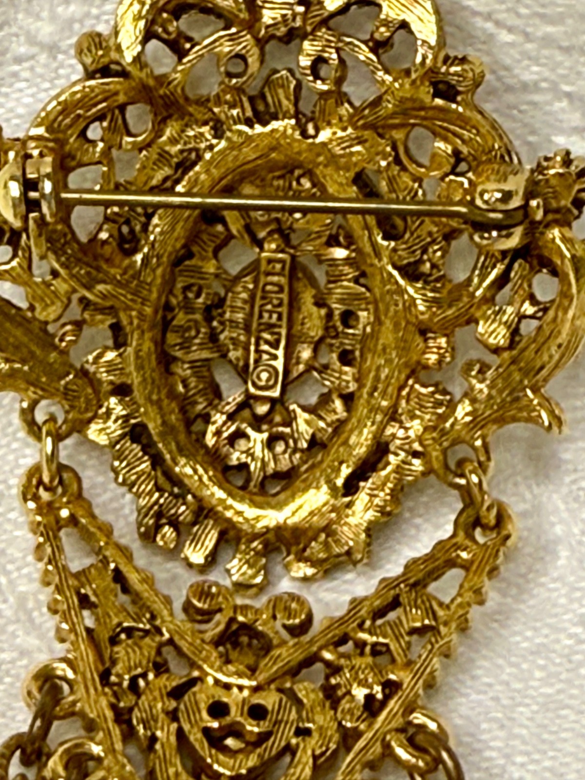 Vintage Florenza Filigree Brooch • Gold-Tone Fringe • Turquoise/Opalette