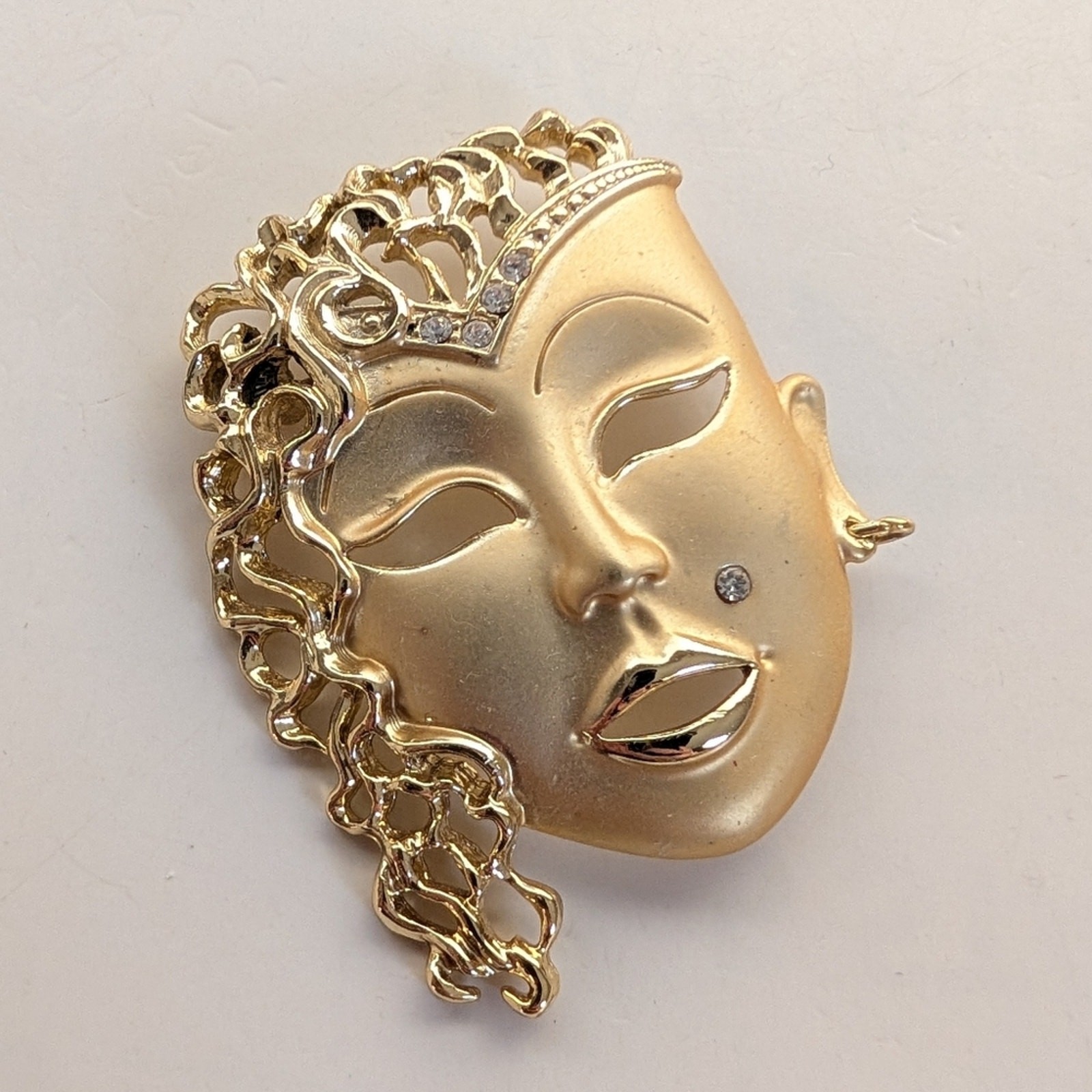 Vintage Gold Tone Open Rhinestone Ethnic Boho African Mask Collectible Brooch