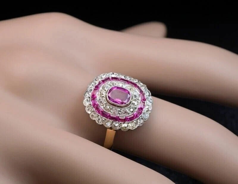 3.4Ct Art Deco Style Pink Lab Created Sapphire Engagement 14k White Gold FN Ring