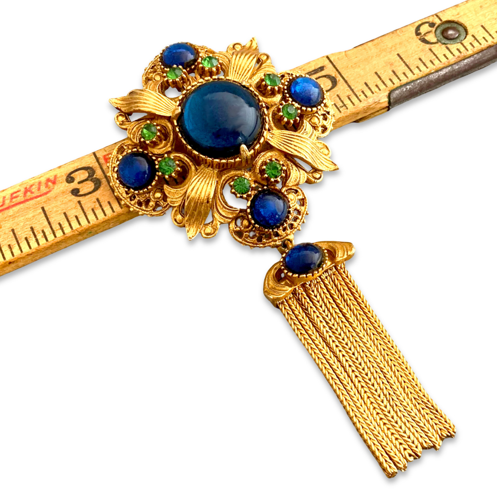 Vintage 1960s Signed FLORENZA Maltese Cross Blue Glass Rhinestone Fringe Brooch