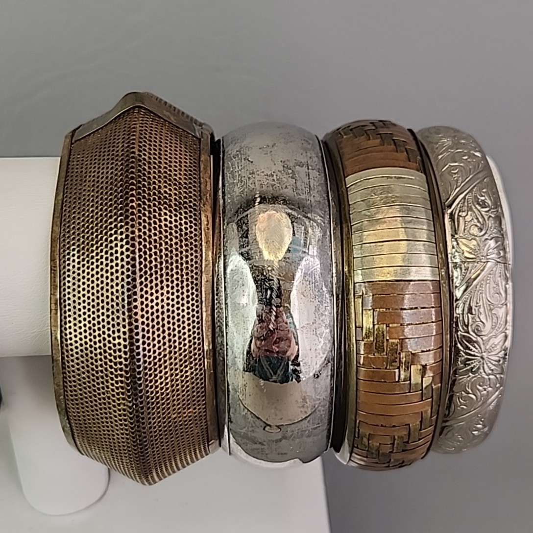 Vintage Bangle Bracelet Lot of 9 India Enamel Brass Rhinestone Hinged Wood