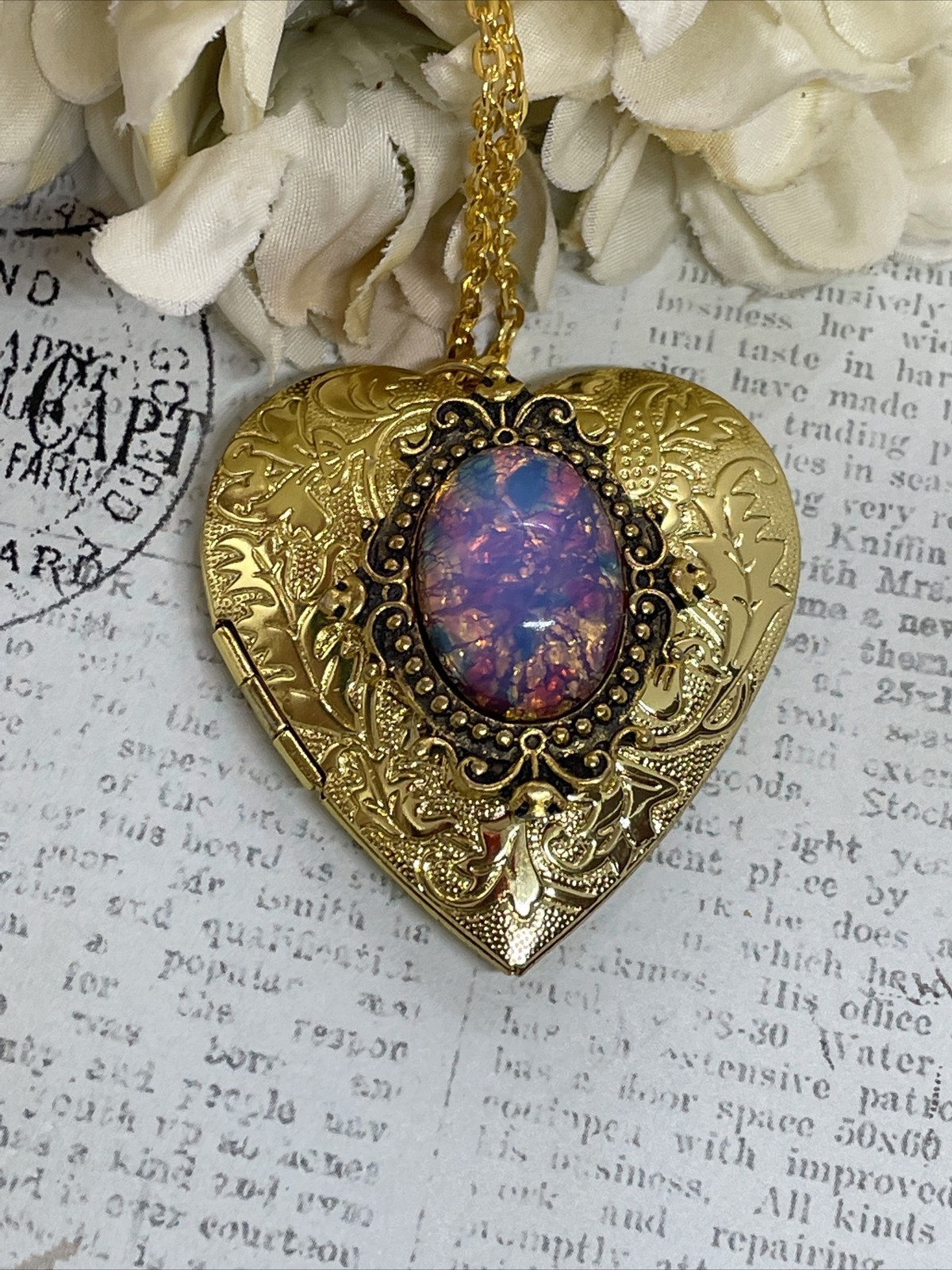Gold Heart Locket Photo Harlequin Opal New Birthday Anniversary Wedding Necklace