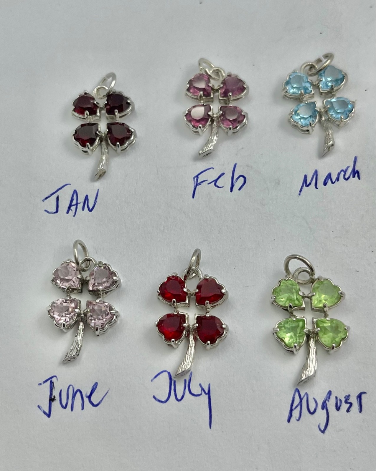 Vintage Mid Century Sterling Silver Rhinestone Birthday Clover Charms Pendants