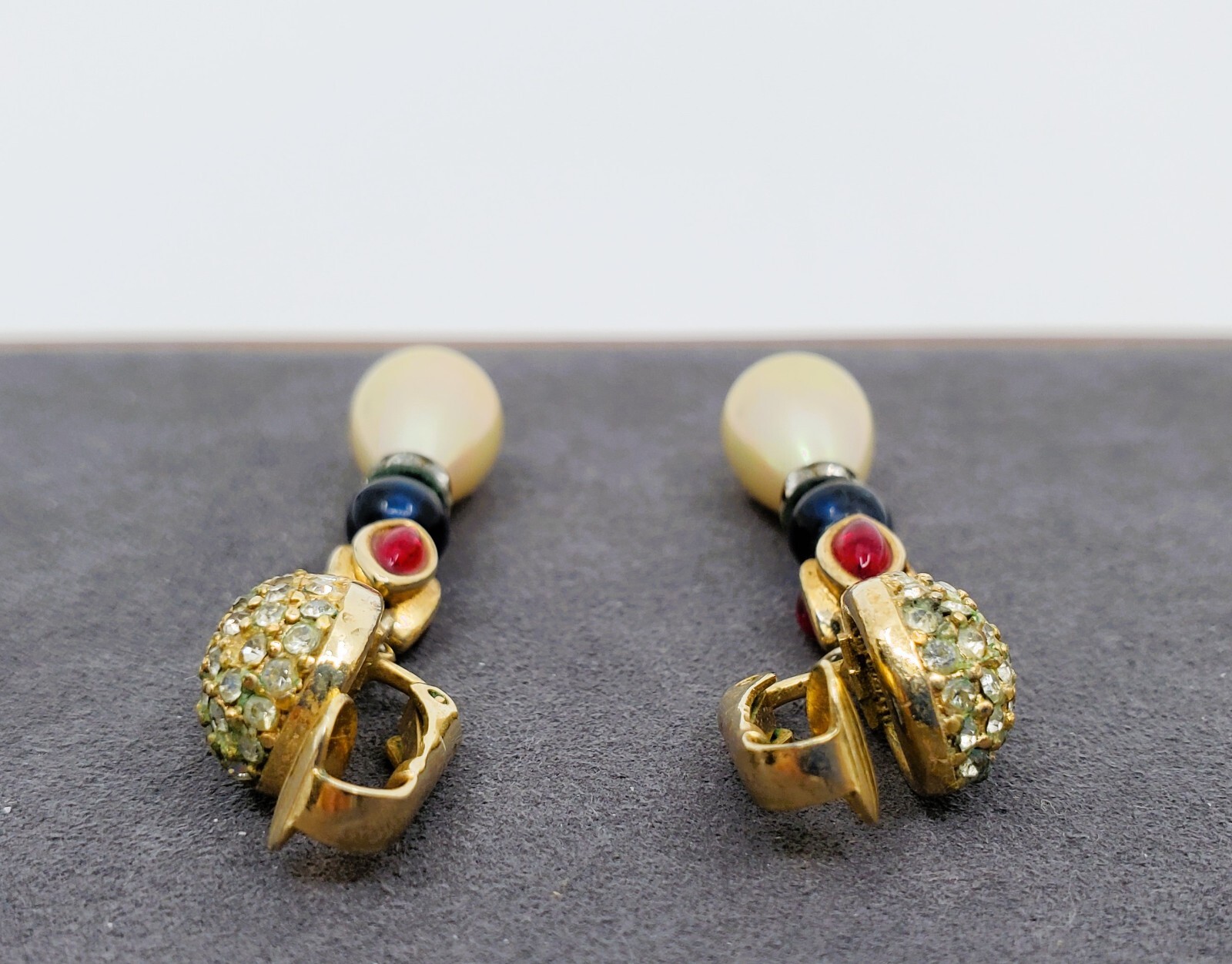 Christian DIOR VTG Gold Ruby Red Blue Glass Cabochons Faux Pearl Dangle Clip On