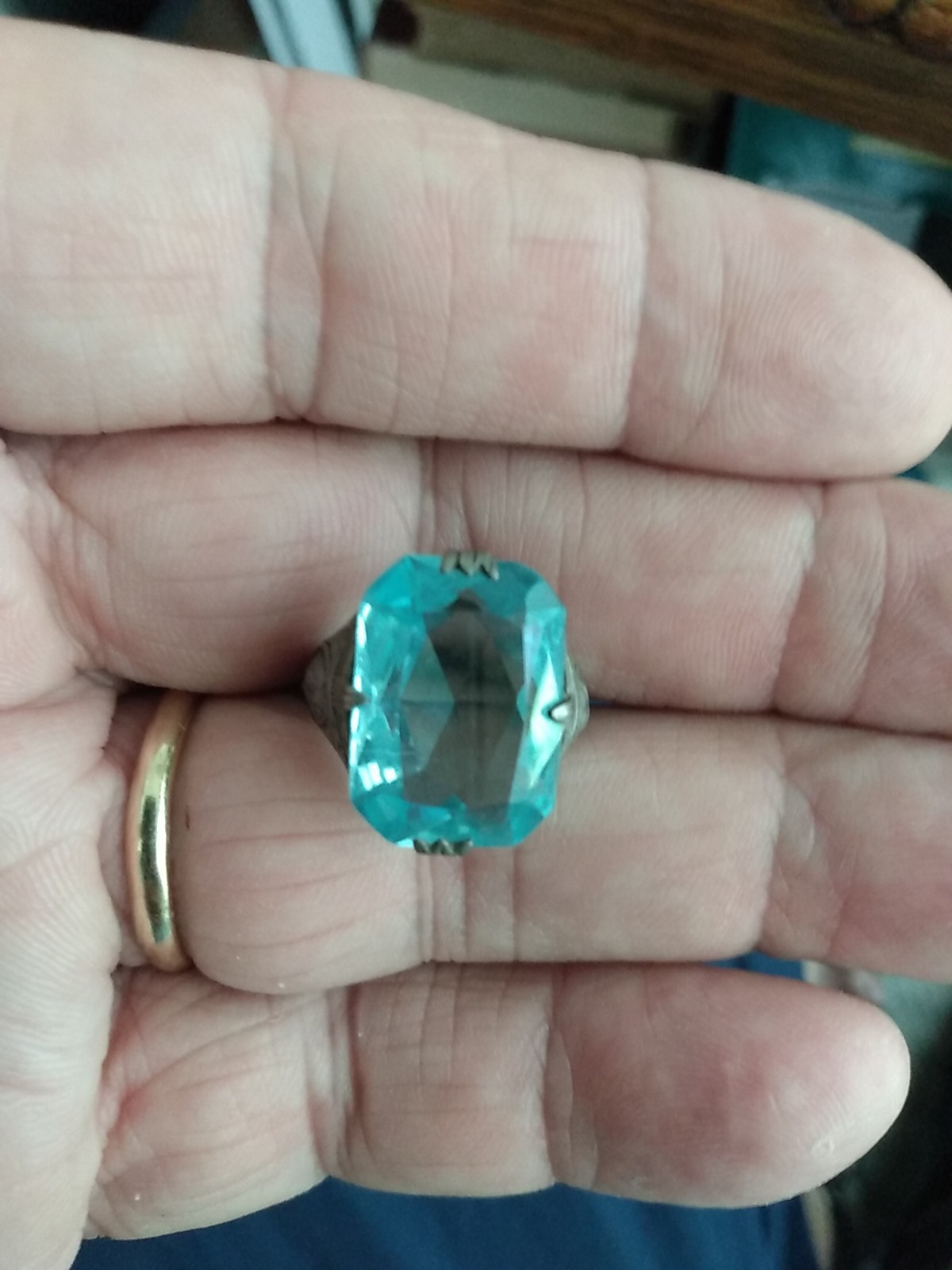 Antique Art Deco Sterling Silver Ring Czech blue Glass Size 5 1/2