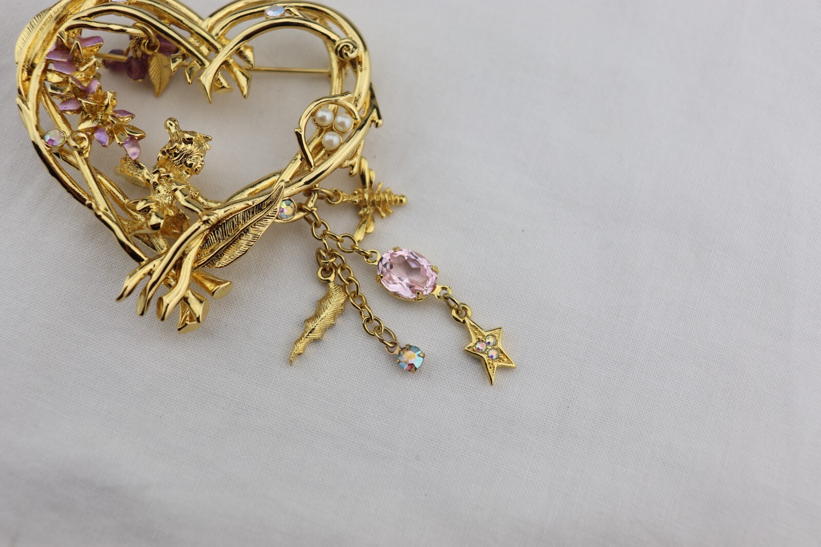 Vintage Kirks Folly Gold Tone Wisteria Heart Wood Fairy Rhinestone Pin Brooch
