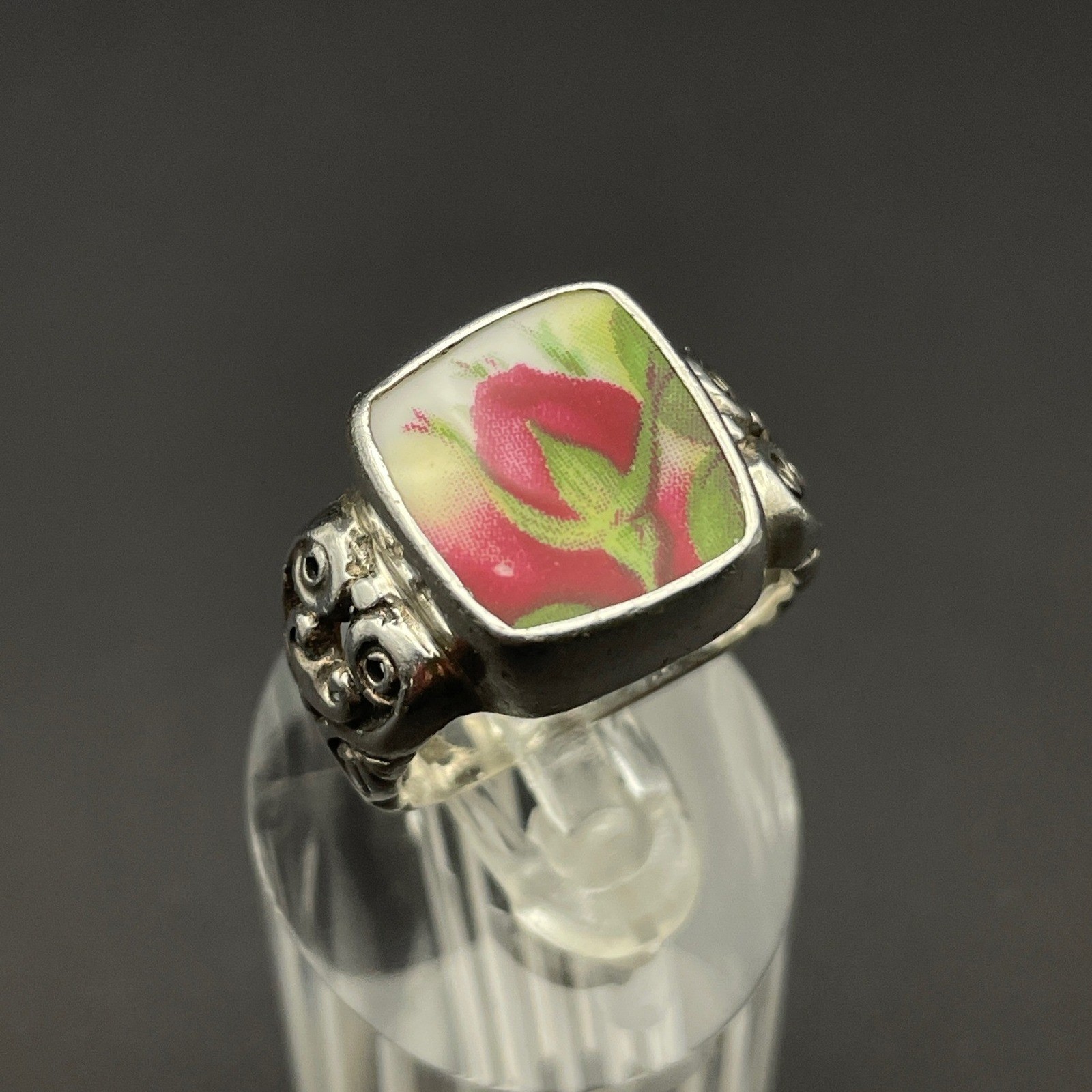 Sterling Silver Rosebud Flower Ring Ceramic Jewelry Cottage Vintage Fuchsia