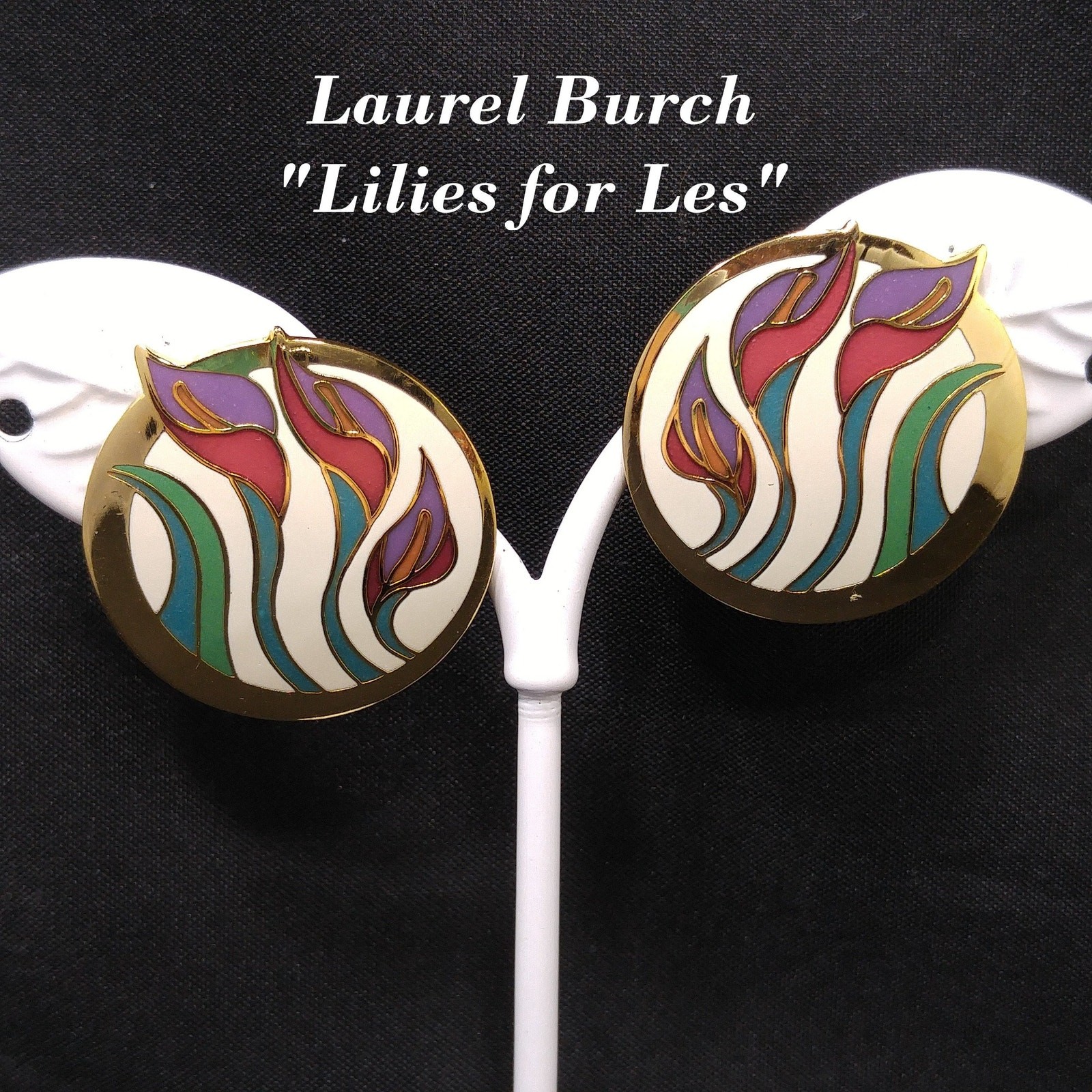 Laurel Burch “Lilies For Les” Floral Post Earrings, Gold Plated, 1980s Vintage