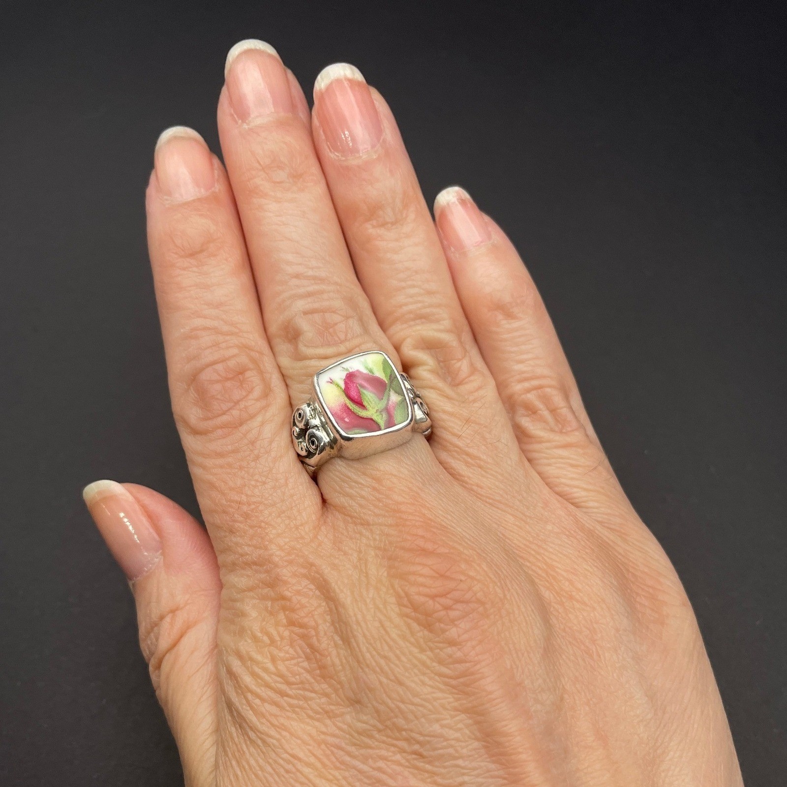 Sterling Silver Rosebud Flower Ring Ceramic Jewelry Cottage Vintage Fuchsia