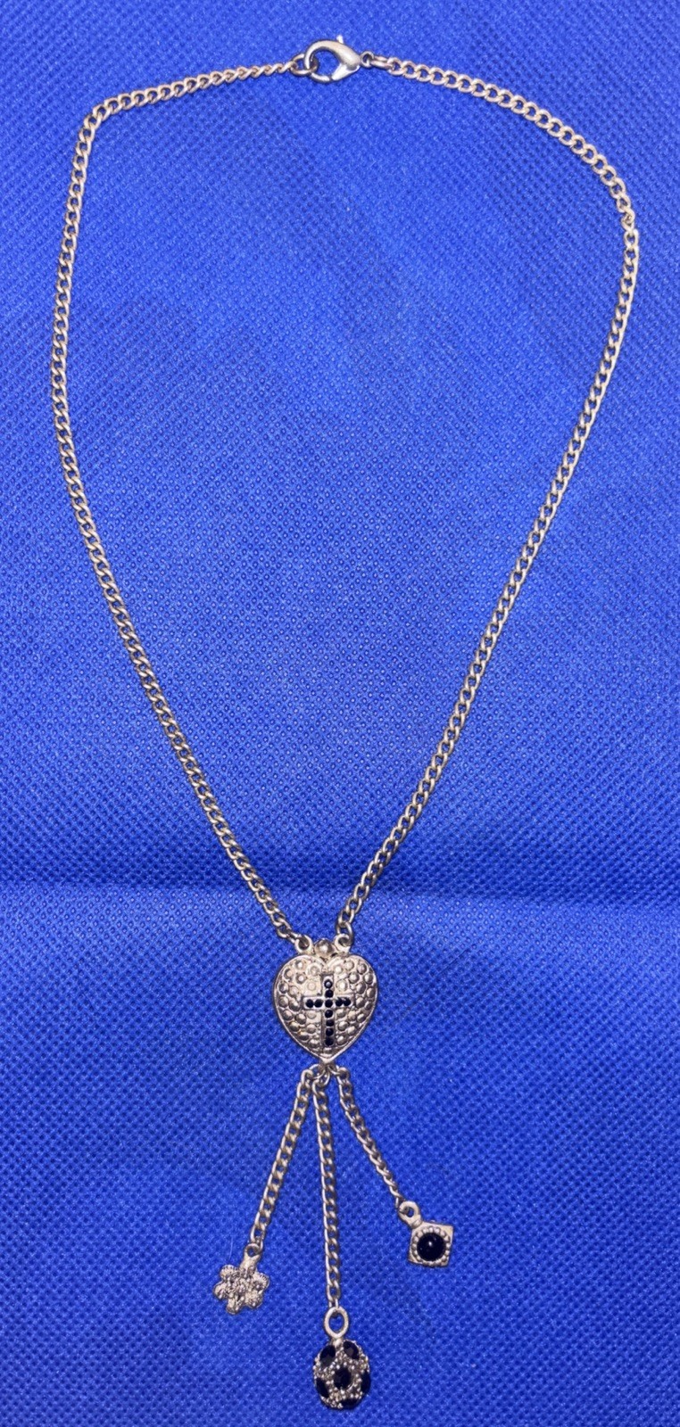 Vintage EH Pewter Heart Cross Charm Necklace Y2K Goth 16”