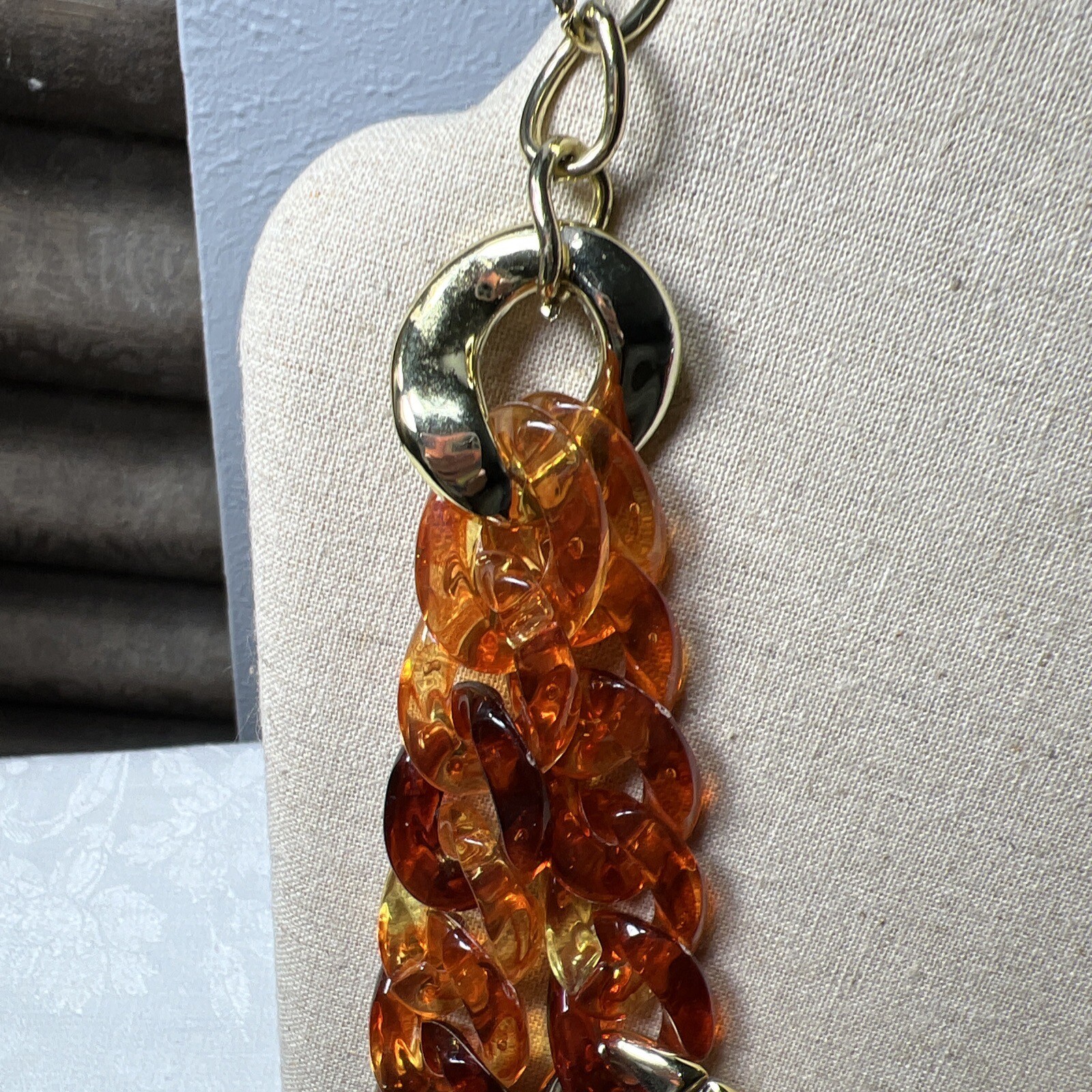 Large Link Amber Acrylic/lucite Two Tier Necklace With Gold Tone Spacer Links