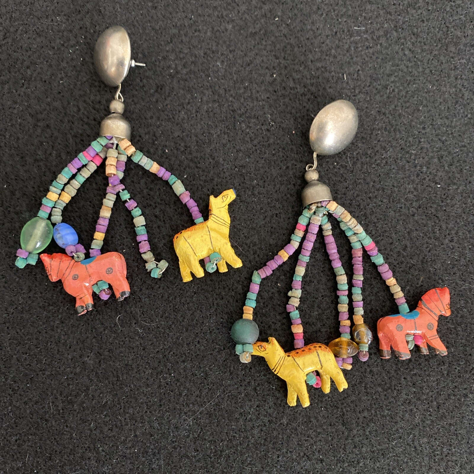 Vintage African Multi-Strand Wooden Carved Animal & Beads Necklace Earrings Set
