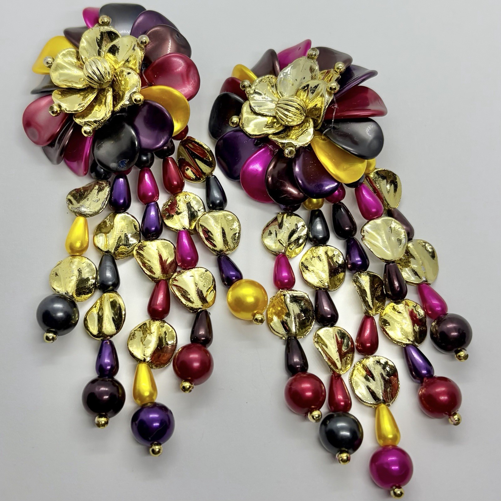 Vtg XL Runway Lucite Multicolor Chandelier Beaded Statement Earrings Clip-on Big