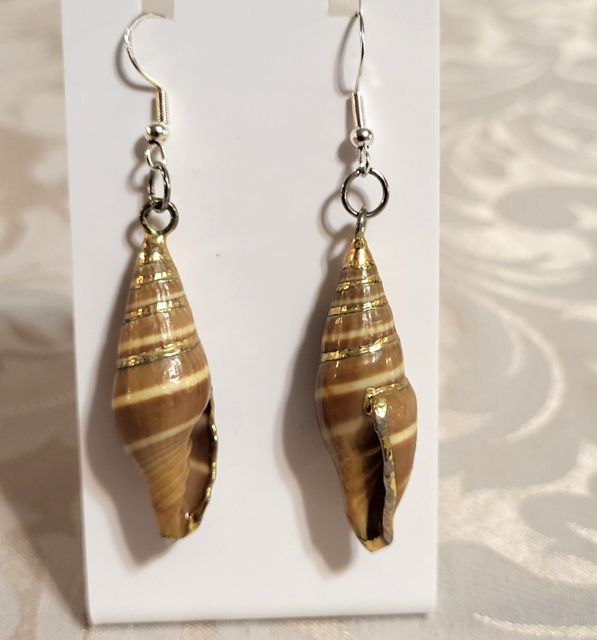 70s Vintage 925 Silver Golden and Brown Natural Seashell Dangle Drop Earrings