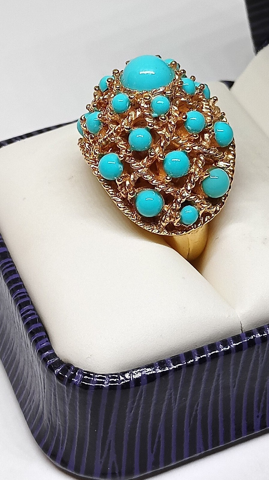 Vintage Crown Trifari Gold Tone Turquoise Dome Adjustable Statement Ring
