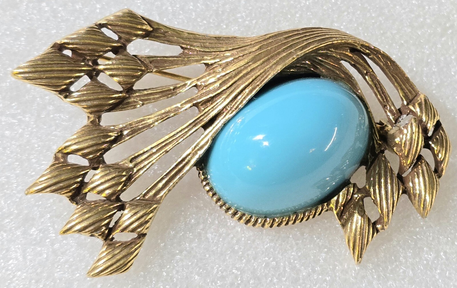 Vintage Turquoise Blue Egg Shaped Cabochon Retro Overhang Design Brooch