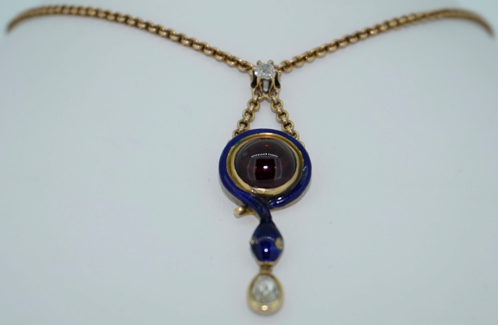 Antique 14K Enamel Snake With Diamonds & Garnet Necklace