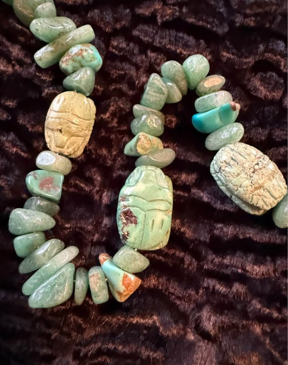 Vintage 42″ Jade and Turquoise Stone with Scarab Bead Accent Necklace