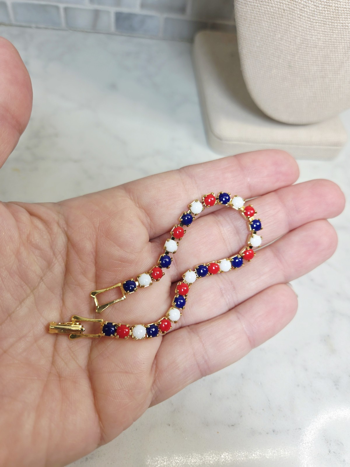 Vintage Red White & Blue Patriotic Jewelry Set Brooch Necklace & Bracelet