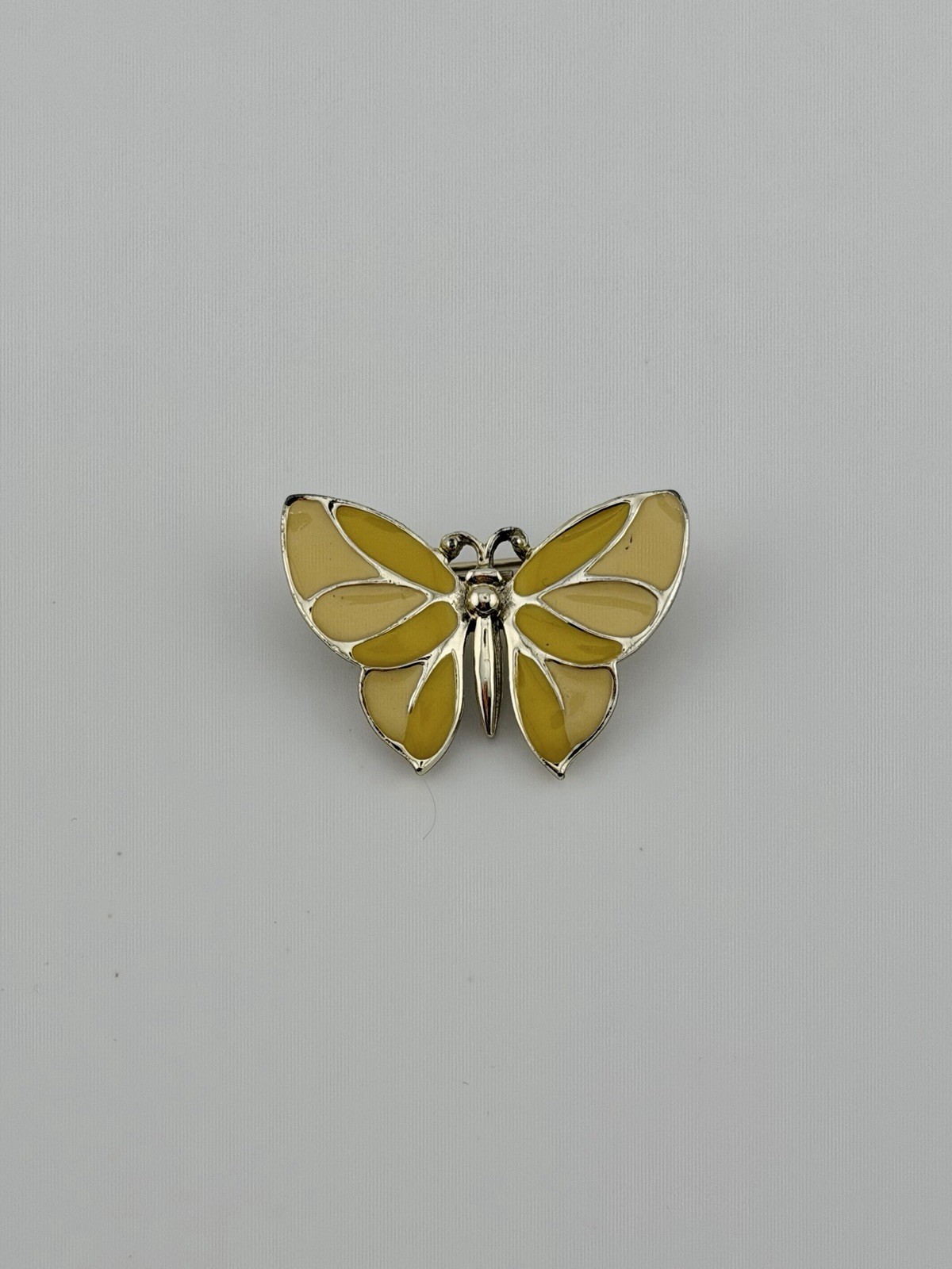 Vintage Pale Gold Tone Yellow Enamel Butterfly Brooch 1.25” 8.2g