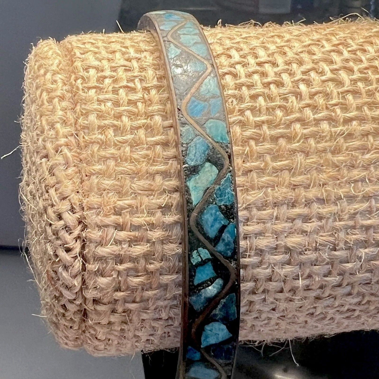 Inlaid Turquoise Colored Stone and Brass Bangle Vintage Tribal Stacking Fits 8″