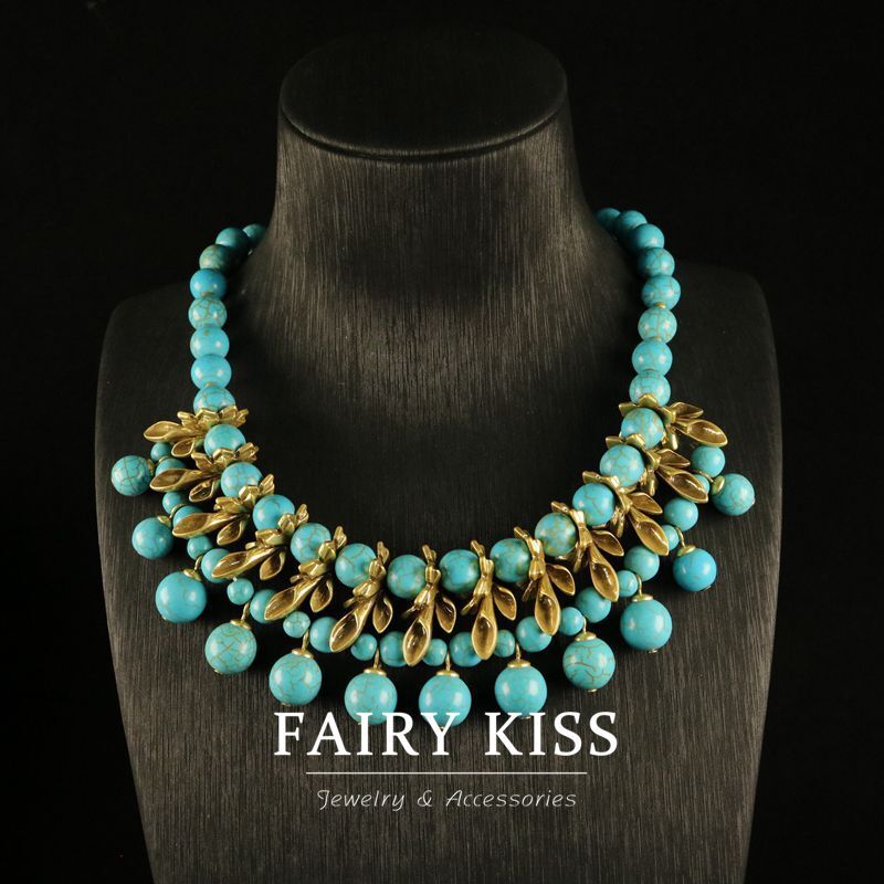 Electroplated antique gold and turquoise handmade bead necklace vintage jewelry