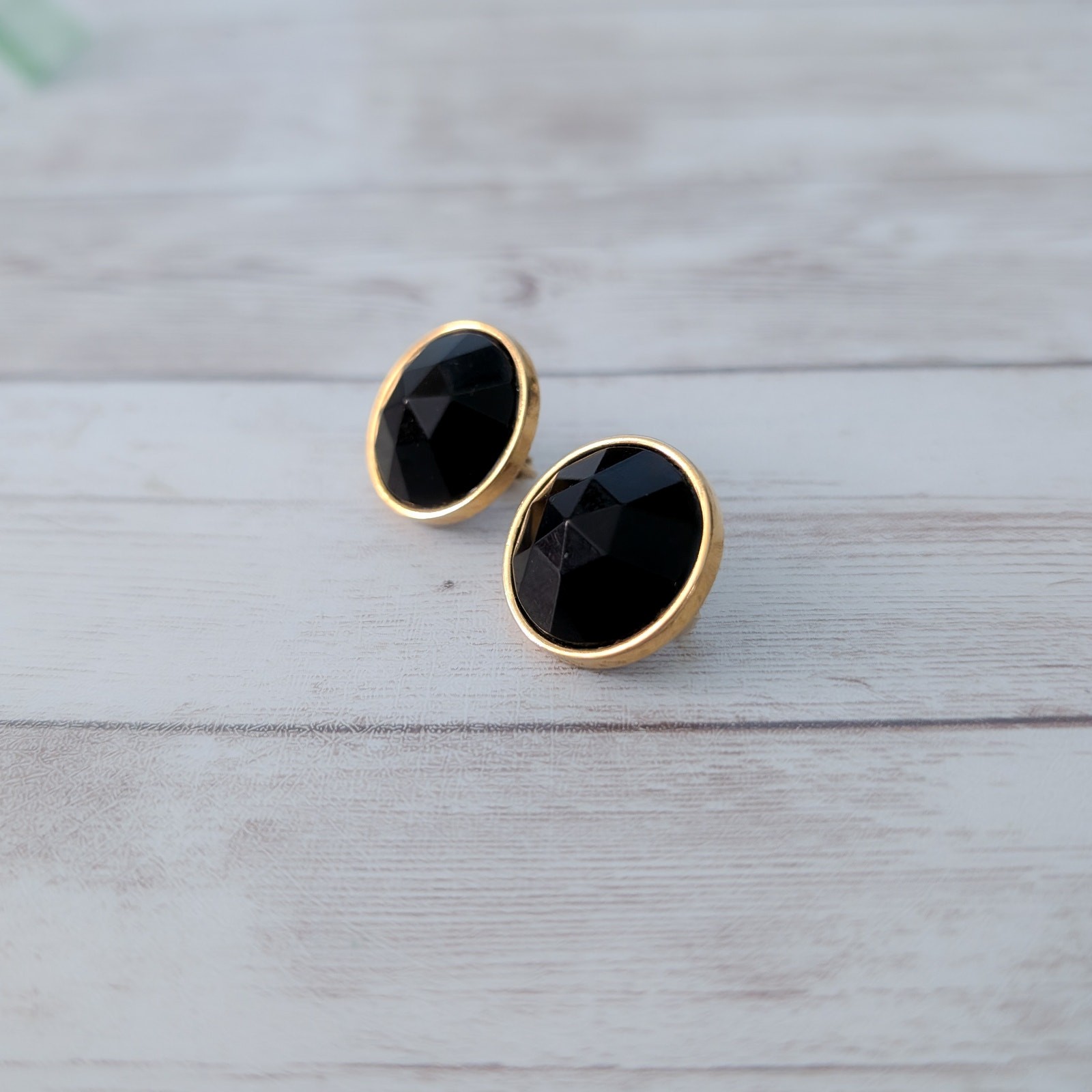 Vintage Clip On Earrings Faceted Black Gem with Gold Tone Halo Just Under 1″